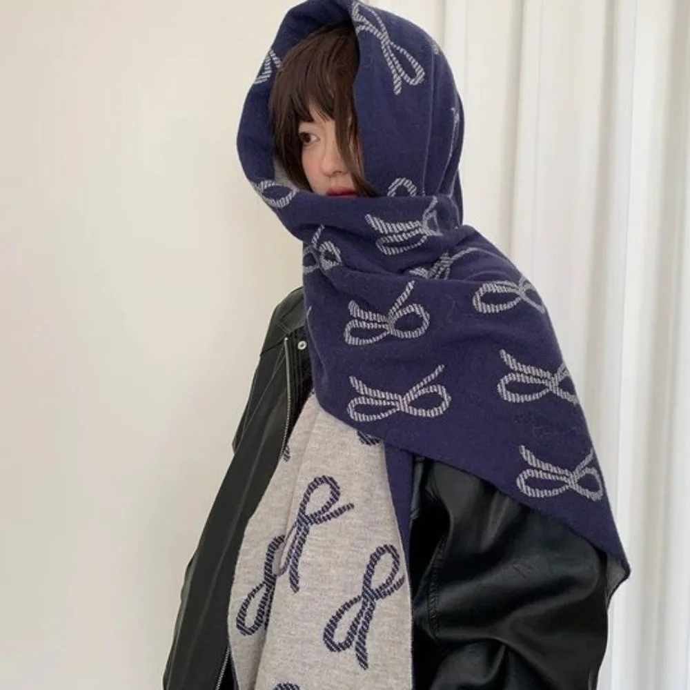 

Trendy Lightweight Bow Scarf Korean Style Windproof Imitation Wool Scarf Two-sided Warm Winter Shawl Women/Men