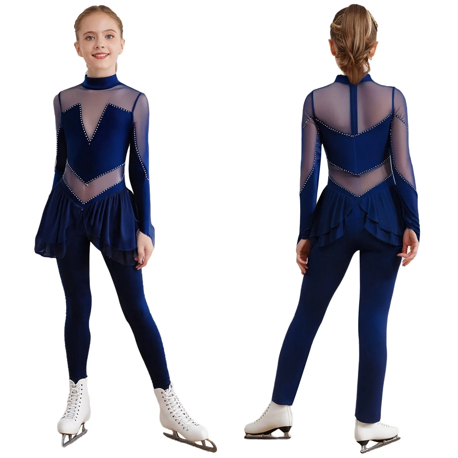 

Kids Girls Acrobatic Gymnastics Performance Jumpsuit Long Sleeve Sheer Mesh Patchwork Shiny Rhinestones Figure Skating Bodysuit