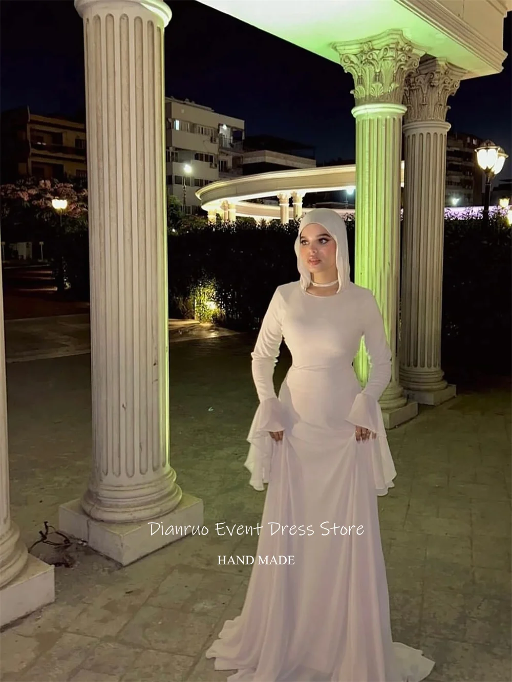 فستان سهرة أنيق مكشكش من Dianruo شيفون بأكمام طويلة فستان حفلات عربي ثنيات فستان زفاف إسلامي مخصص للضيوف