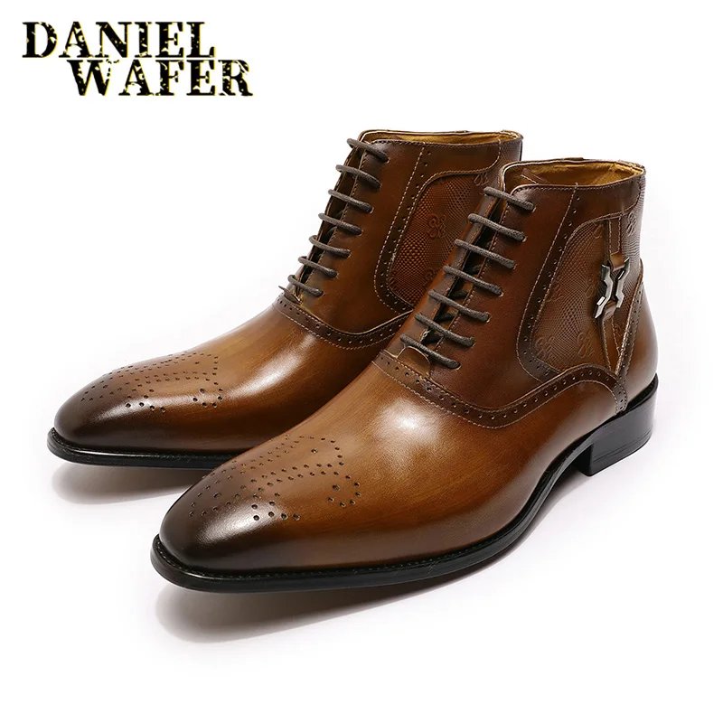 Fashion Brand Ankle Boots Luxury Men\'s Dress Boots Black Brown Handmade Lace Up Pointed Toe Genuine Leather Basic Formal Shoes