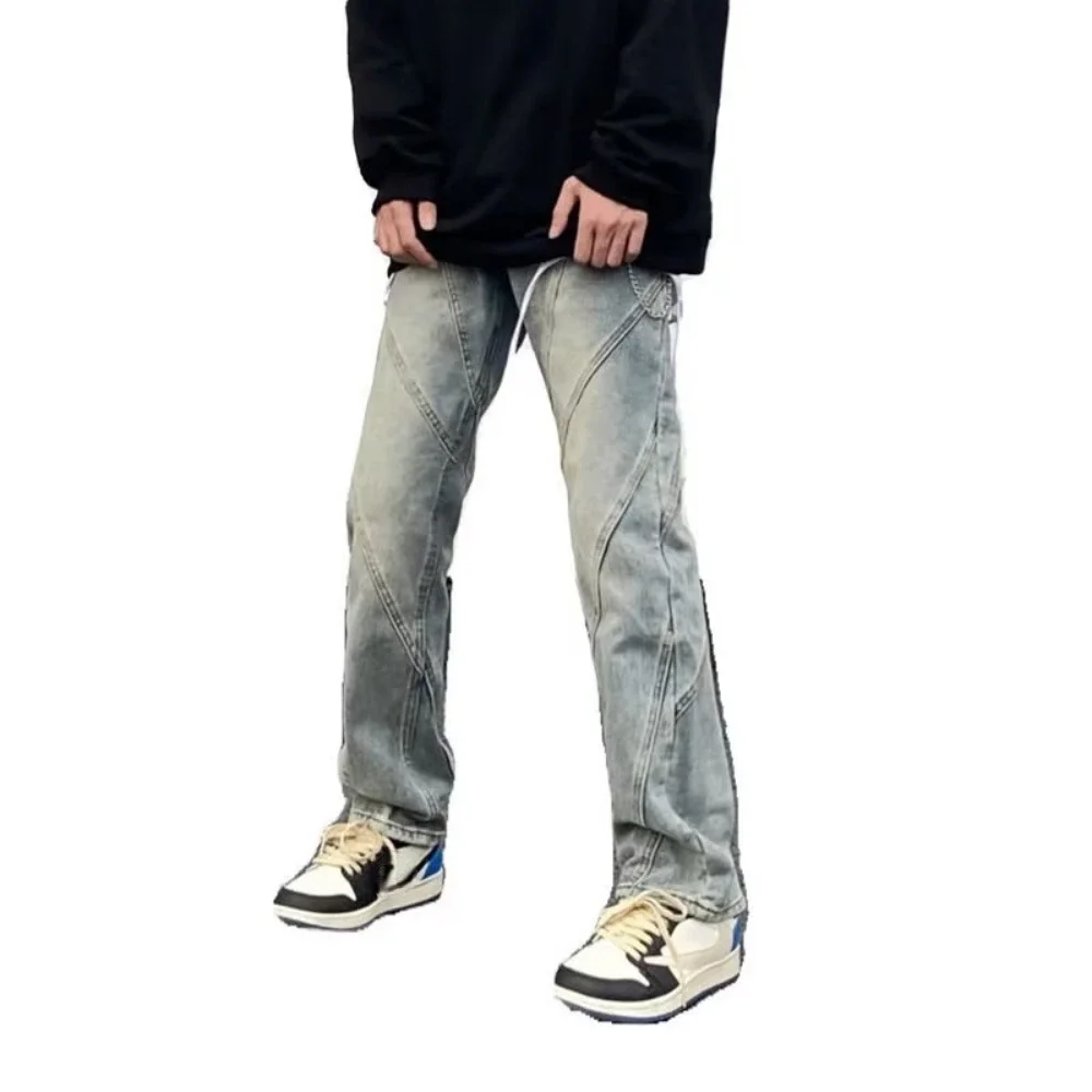 Man Jeans Printed Yellow Mud Dyed Y2k Jeans Men American High Street Pants Retro Loose Straight Hundred Wide Leg Long Pants