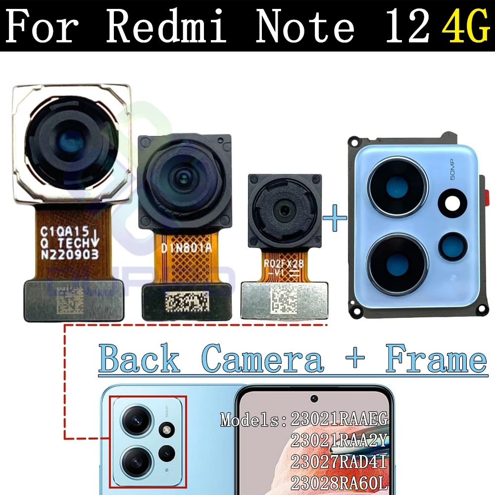 Original Rear Camera Flex Cable For Xiaomi Redmi Note 12 4G Note12 Front Selfie Small Facing Main Back Camera Glass Lens Frame