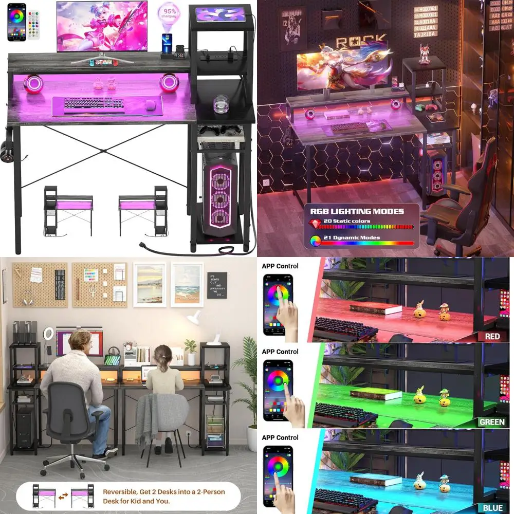 LED-Illuminated Gaming Desk, Long Monitor Stand, 40 Reversible Laptop Table with Storage Space for Computer Accessories