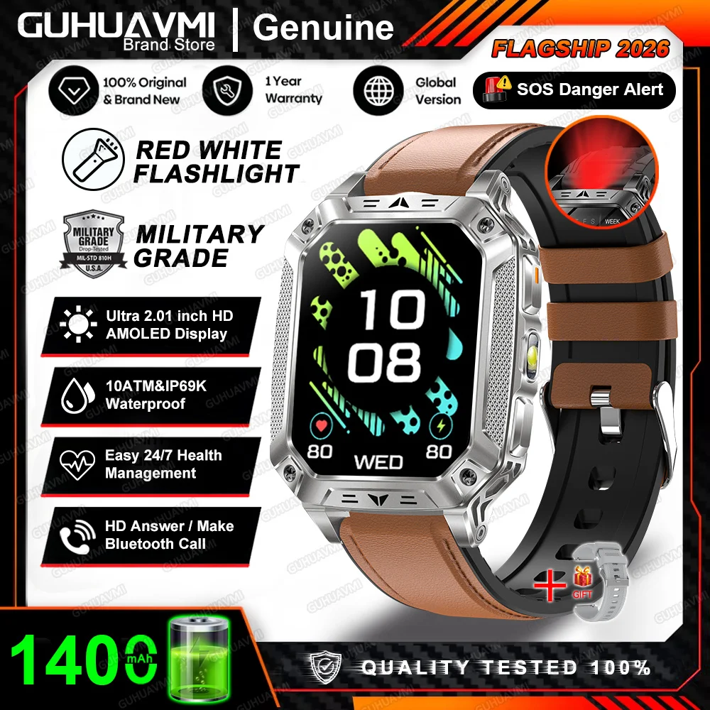 2026 Nieuwe Ingebouwde 1400mAh Supergrote Batterij Heren Smartwatch Outdoor GPS 2.01" AMOLED Scherm 10ATM Waterdicht BT Oproep Smartwatch