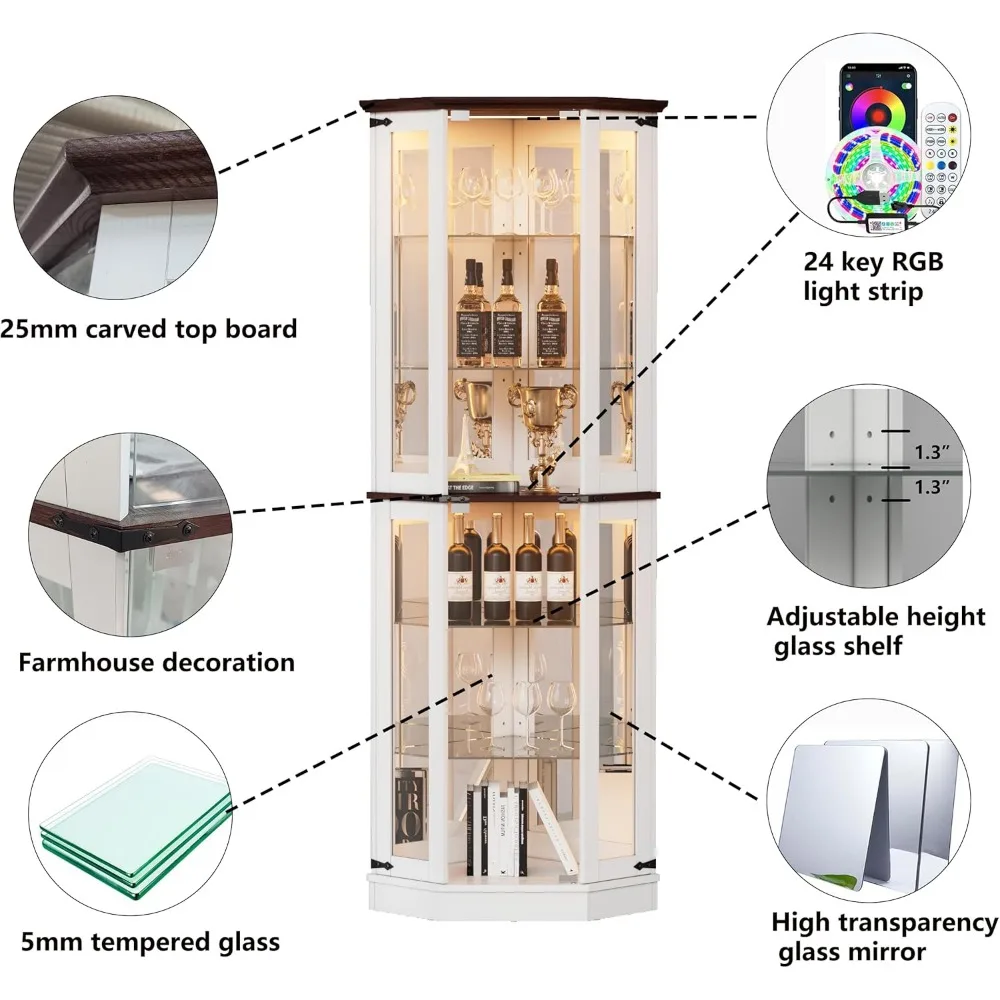 Szafka ekspozycyjna w stylu farmhouse 71 z oświetleniem LED, drzwiami z szkła hartowanego, 6 półkami, narożna, stojąca na podłodze.