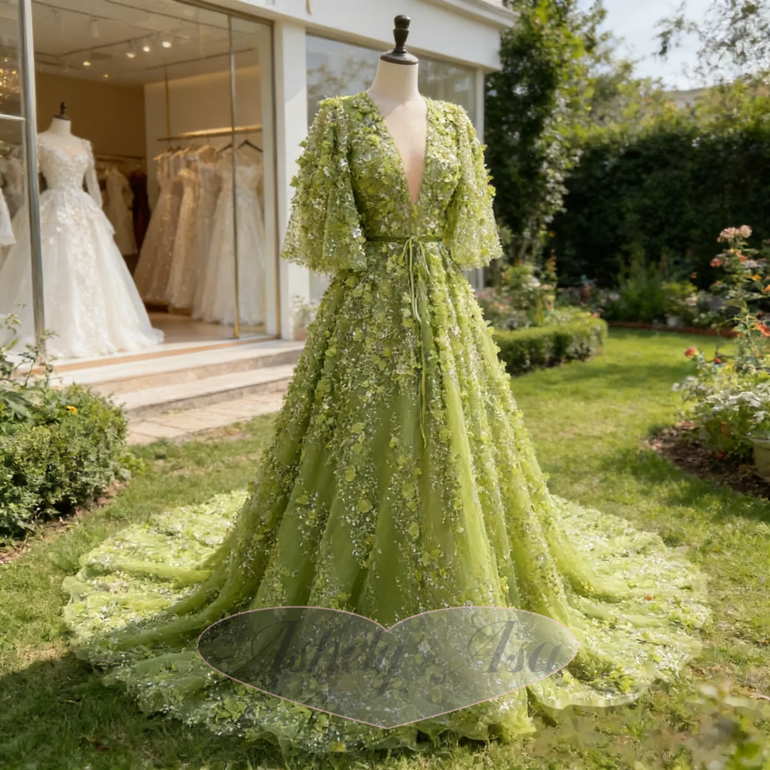 Customized Sage Green Luxury Prom Dresses 2026 V Neck Short Sleeve A Line Long Crystal Flower Women Evening Formal Dress Party view 5
