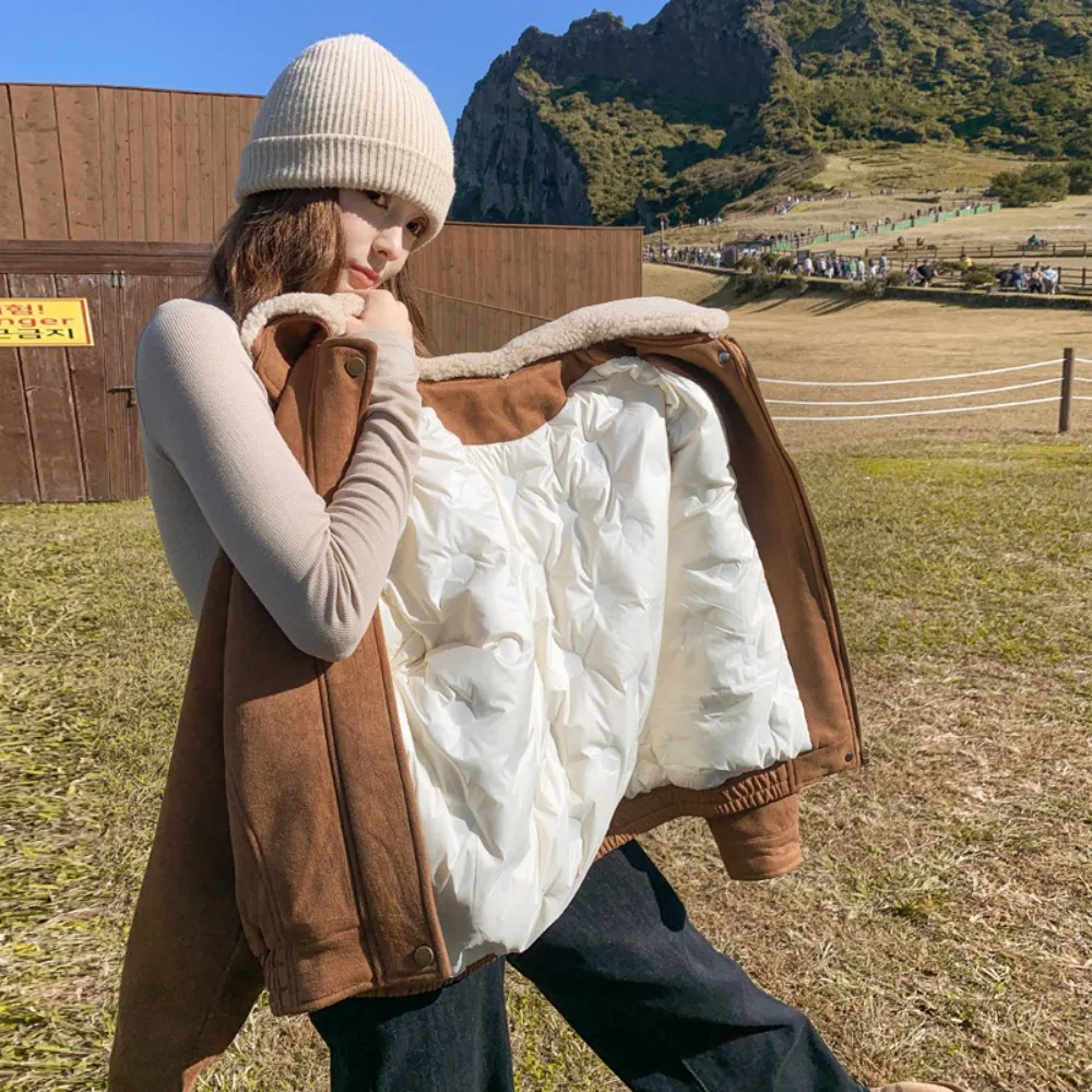 Maillard White Duck Down Liner Suede Women's Short Down Jacket Winter New Thick Jacket Texture Versatile Unique Fashion Simple