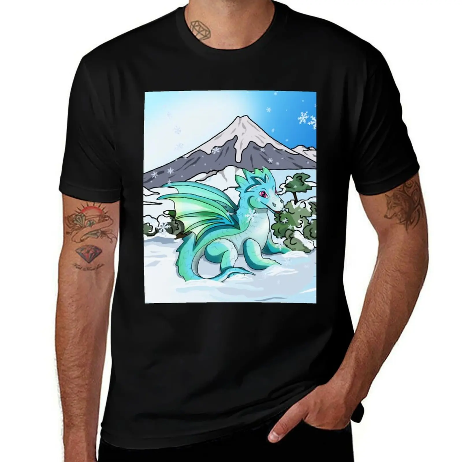 

baby dragon at Mount Fuji T-Shirt cotton tshirt 100% t shirt custom print T-Shirt