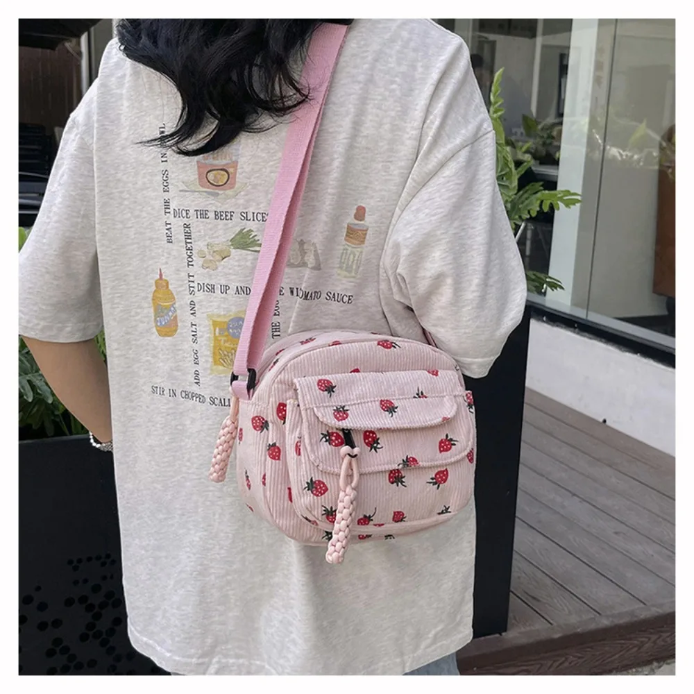 Fashion Printing Strawberry Crossbody Bag Large Capacity Zipper Corduroy Shoulder Bag Sweet Women Girl Handbag