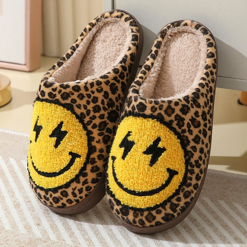 Leopard Print Home Slippers for Women Cartoon Smile Soft Sole Cotton Slides Woman New Winter Warm Plush Slippers Cute Houseshoes