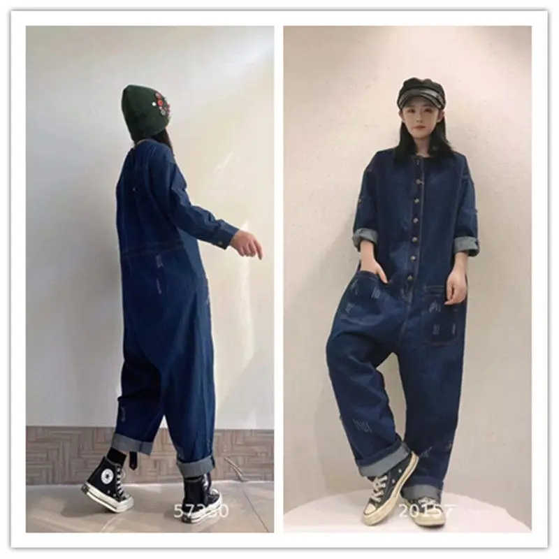 春と秋の新しい女性のカウボーイジャンプスーツ通勤ハイウエスト作業服ジャンプスーツ