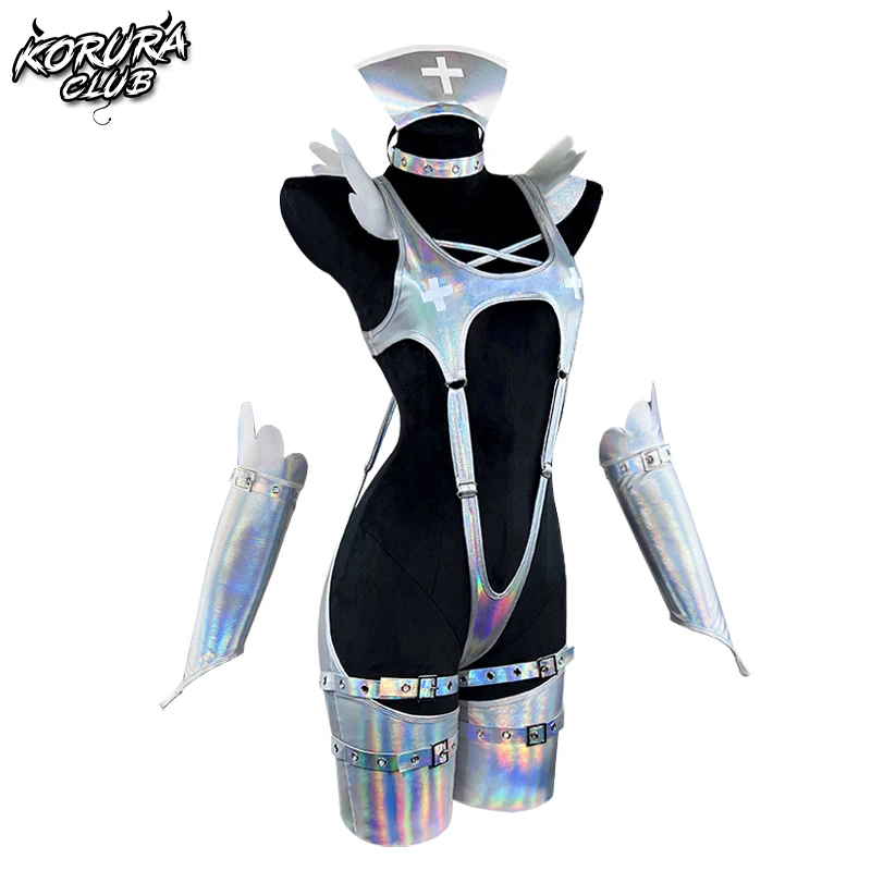 KORURACLUB Women\'s Sexy Cyberpunk Bodysuit Sexy Cosplay costume Laser lingerie suit 7-Piece Set）