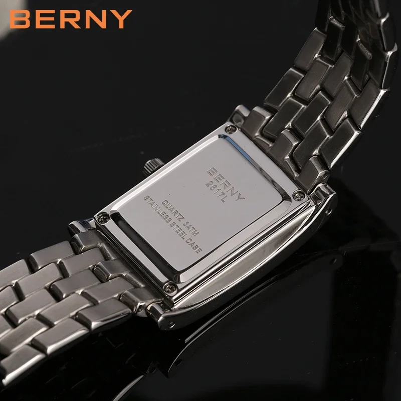 BERNY Luxury Quartz Women Watch Rectangle Stainless Steel Brand Fashion Leather Waterproof Dress Watches Female Clock Wristwatch