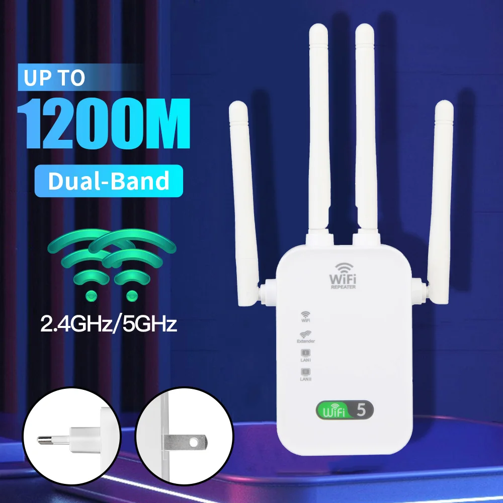 1200Mbps WiFi Repeater Wireless Extender Dual-Band 2.4G/5Ghz Wi-Fi Extender Booster Network Amplifier Long Range Signal