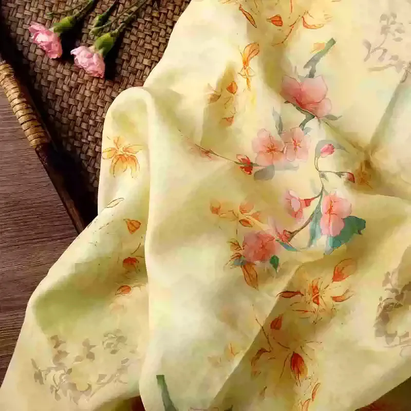 

1 meter ramie fabric pink flower plant printing fabrics tecidos para costura Shirt skirt cheongsam clothing material