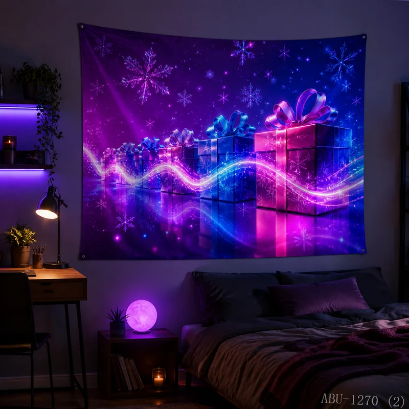 VIKAMA Neon Waterfall Starry Sky Falling Gift Box Ice Crystal Snow Christmas Tapestry HD Wall Hanging Decor for Living Room
