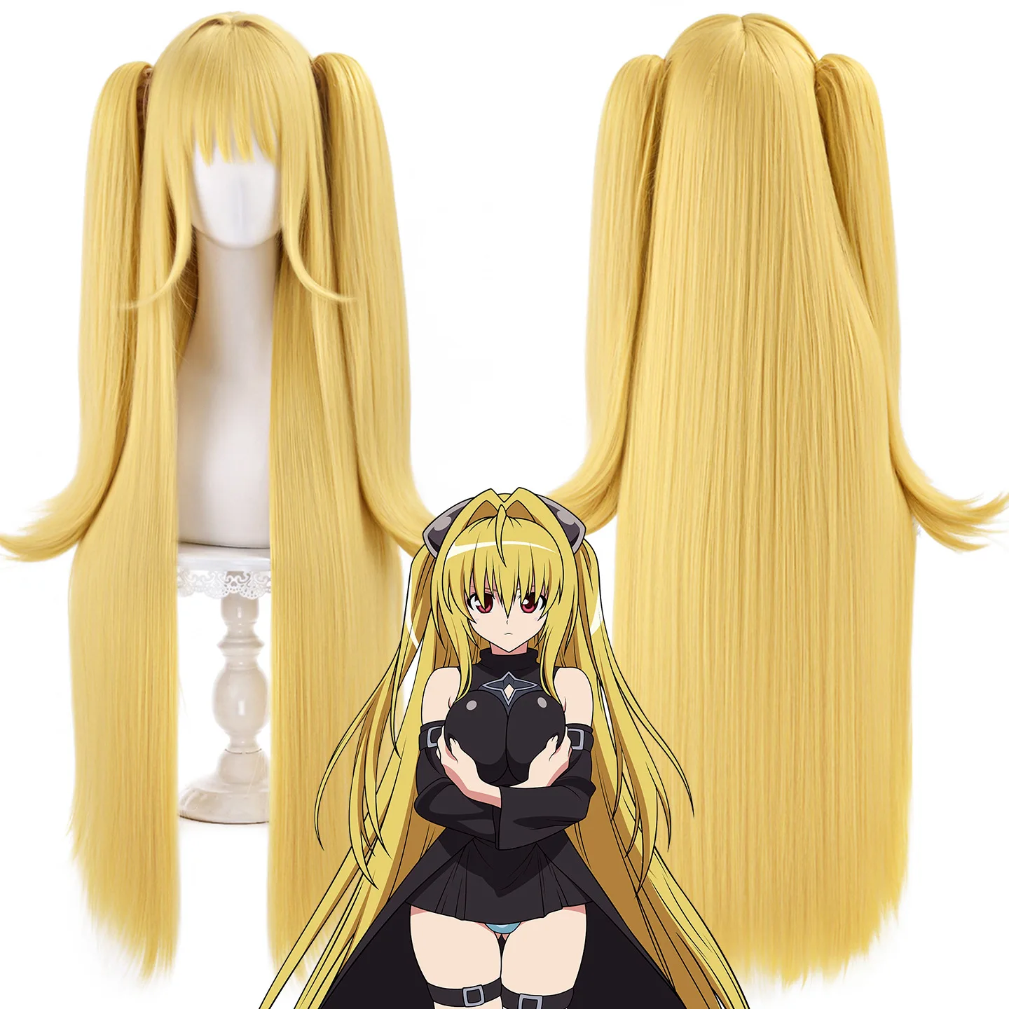 

To Love-Ru Golden Darkness Cosplay Wig 100cm Long Straight Blonde Twin Tails Halloween Party Anime Convention Hair Cute Pigtails