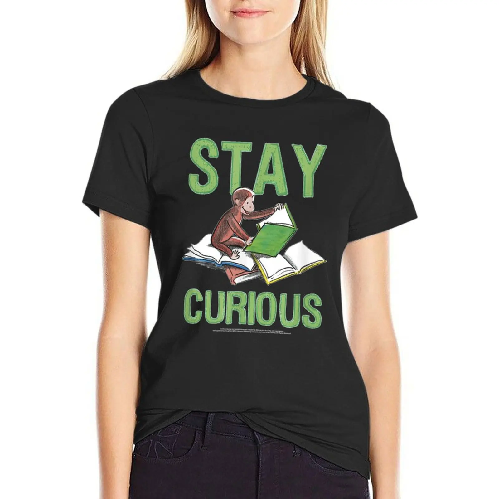 

Curious George Stay Curious Reading Portrait T-Shirt anime graphics quick drying funny summer blouses woman 2024