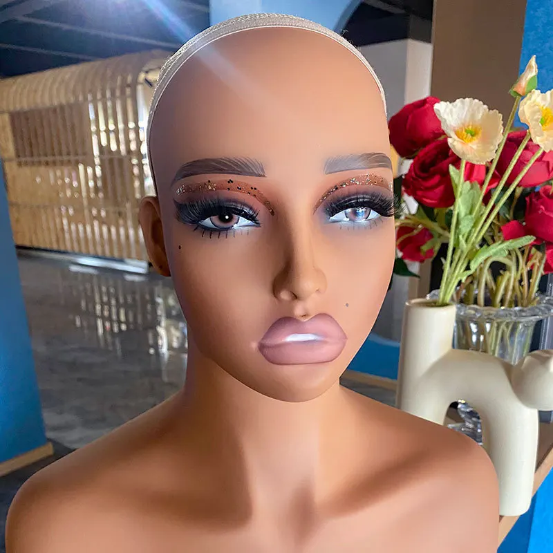 African American Mannequin Head with Gold Eyeshadow, Eyelashes & Beauty Mark, Realistic Doll Head For Wig Jewelry Display Salon