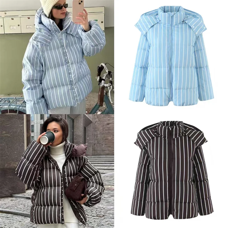 

Women's Jacket 2025 Autumn New Style Color-Block Striped Long-Sleeve Loose Puffer Cotton Coat Casual Fashion Personalized Warm