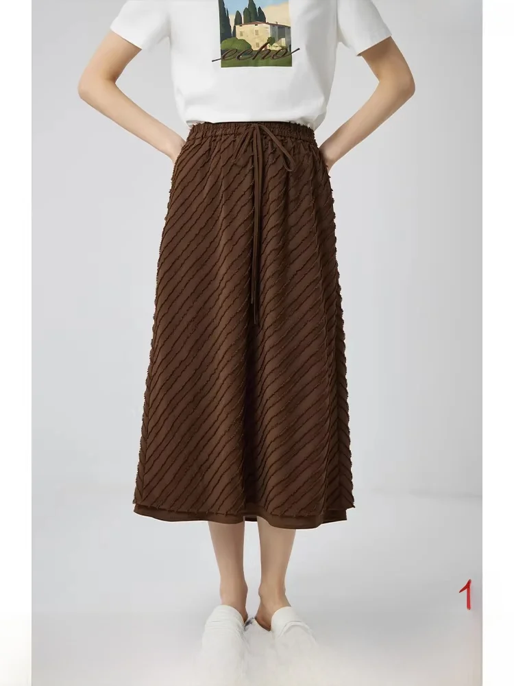 

Юбка миди А-силуэта с высокой талией для женщин, весна-лето, новая коллекция, стройнящий дизайн, полосатая вышивка, очаровательная, из полиэфирного волокна