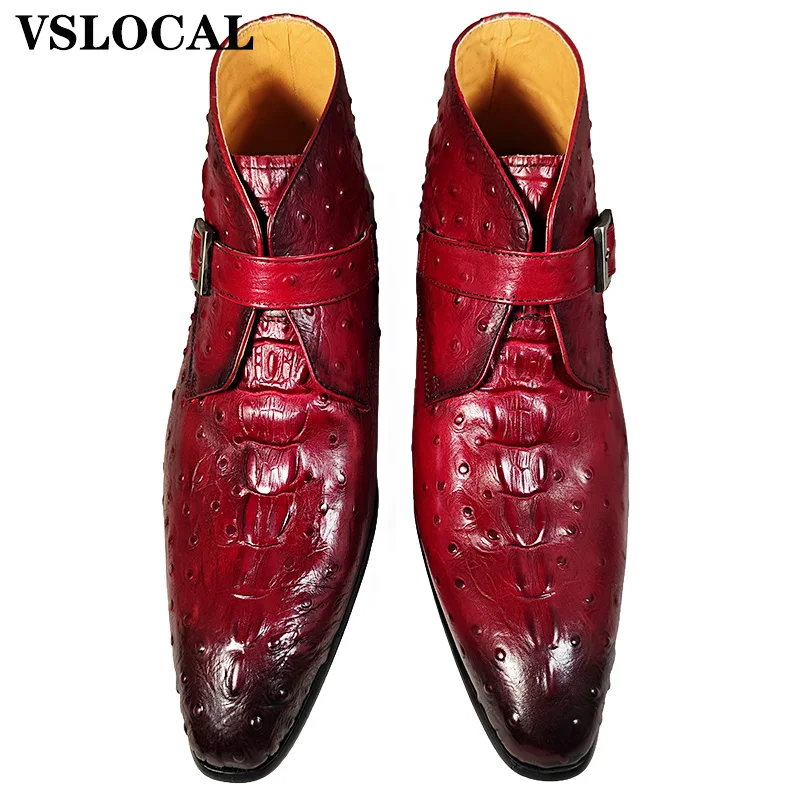 2025 Mens Ankle Boots Shoes Black Buckle Strap Ostrich CROCO Prints Casual Dress Cowboy Boots Slip on Leather Boots Men