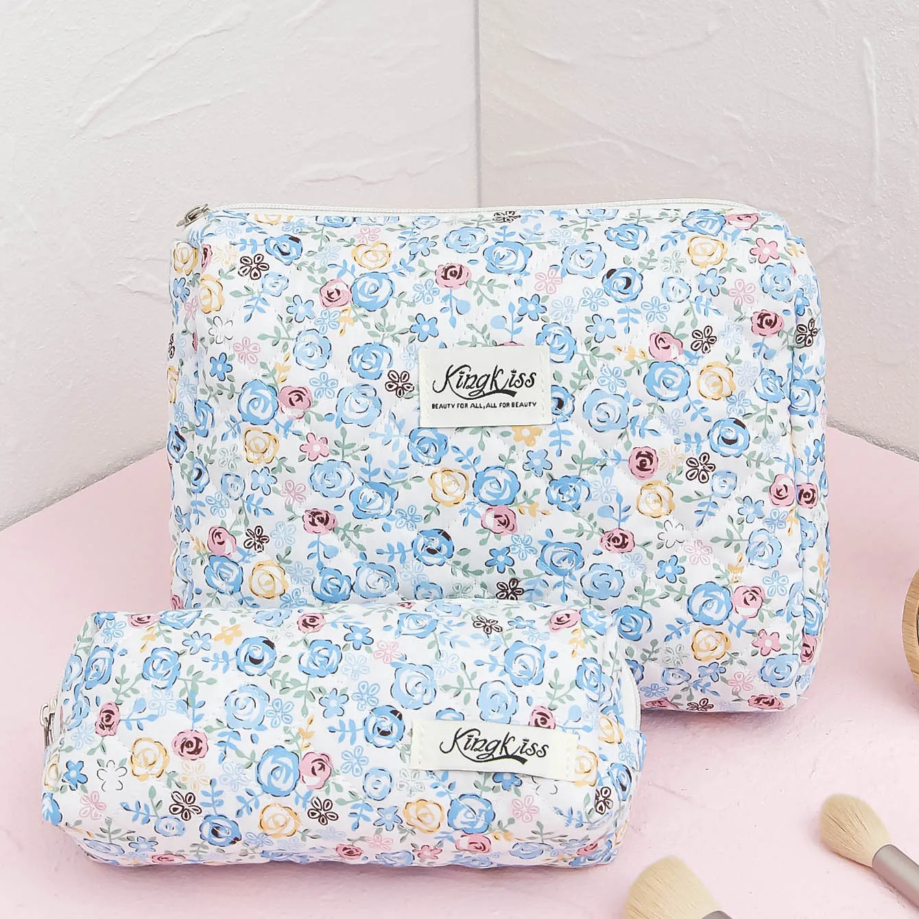 Blue Floral Makeup Bag Set With Zipper Travel Toiletry Brush Organizer Bag For Women Makeup Storage Bag Cosmetic Bag