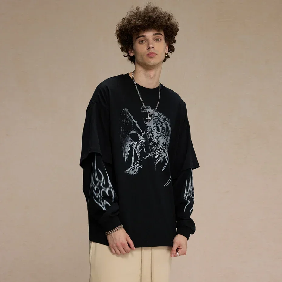 Oversized Men's Long Sleeve T-shirt Casual Wash Print Halloween T Shirts Men Vintage Fake Two Pieces Tshirt Mens Clothing Black