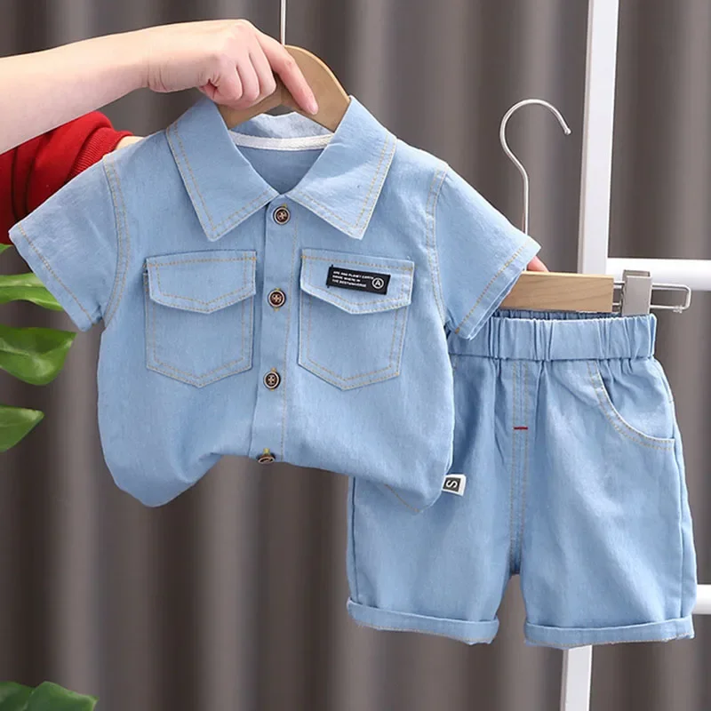 

2Piece Summer Baby Boy Boutique Clothing Korean Fashion Denim Short Sleeve Blue Tops+Shorts Kids Clothes Children's Sets B030