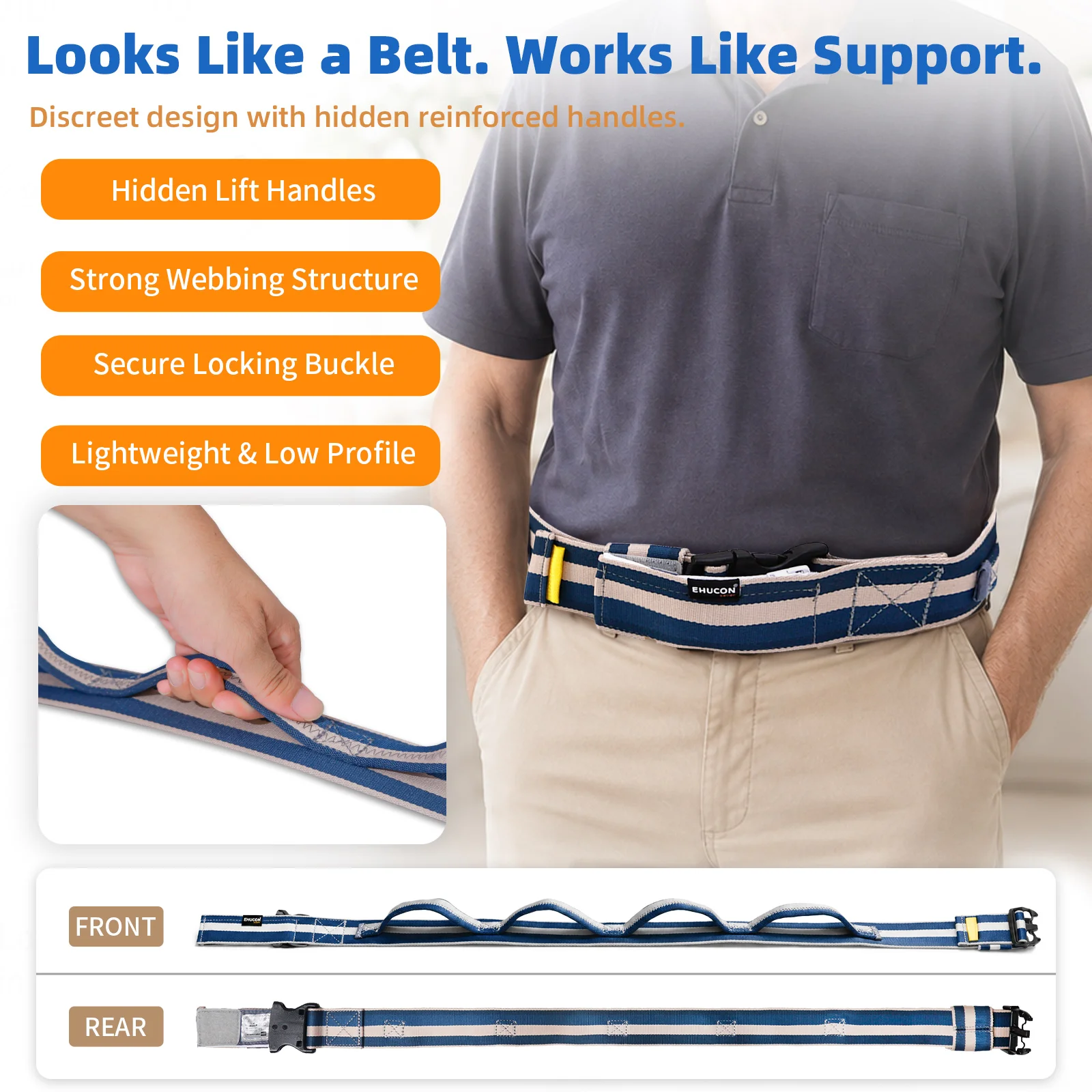Ehucon Gait Belt Transfer Belt,Woven Webbing Patient Assist Belt with Handles,Breathable Caregiver Walking Aid Belt for Patients