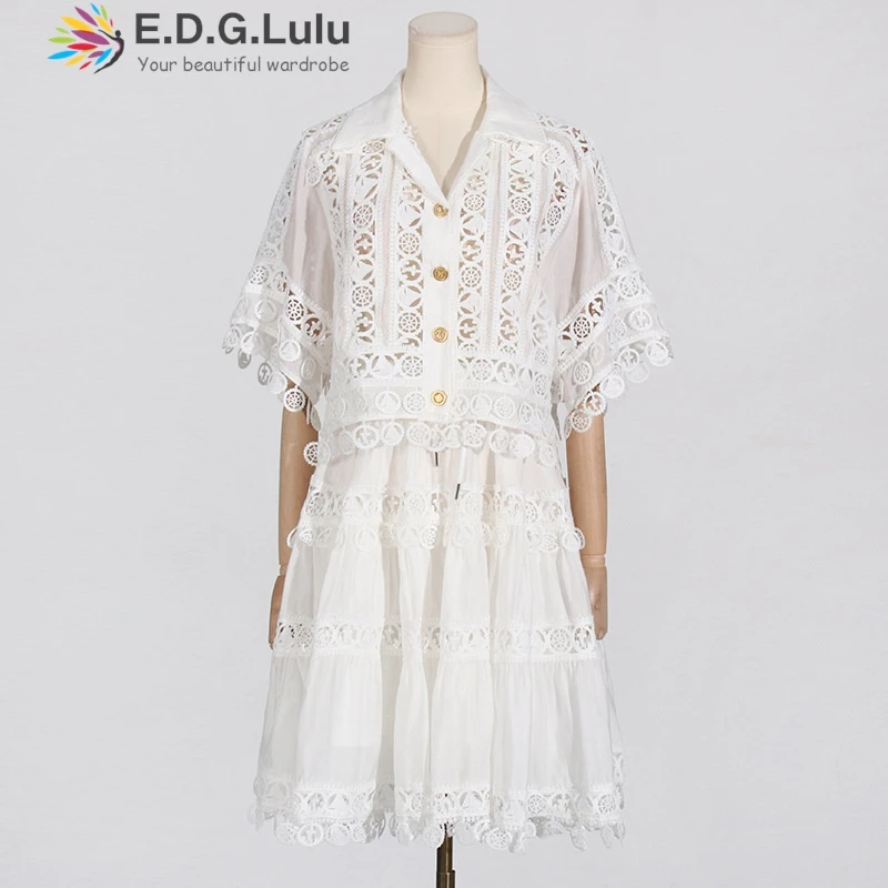 EDGLuLu Women 2 Piece Set Outfit Turn-Down Collar Short Sleeved Shirt+High Waist Mini Skirt Hollow Embroidery Lace Suit 1111