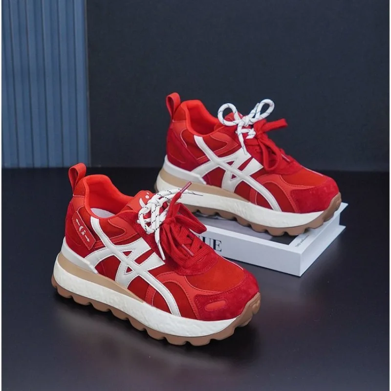 Women Retro Color Block Platform Sneakers Thick Sole Lace Up Chunky Dad Shoes Girls Casual Walking Footwear