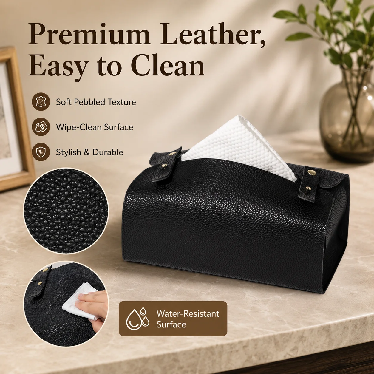 Tissue Box PU Leather Tissue Holder Square Facial Tissue Case Facial Paper Organizer Dispenser for Bathroom,Vanity Countertop - view 5