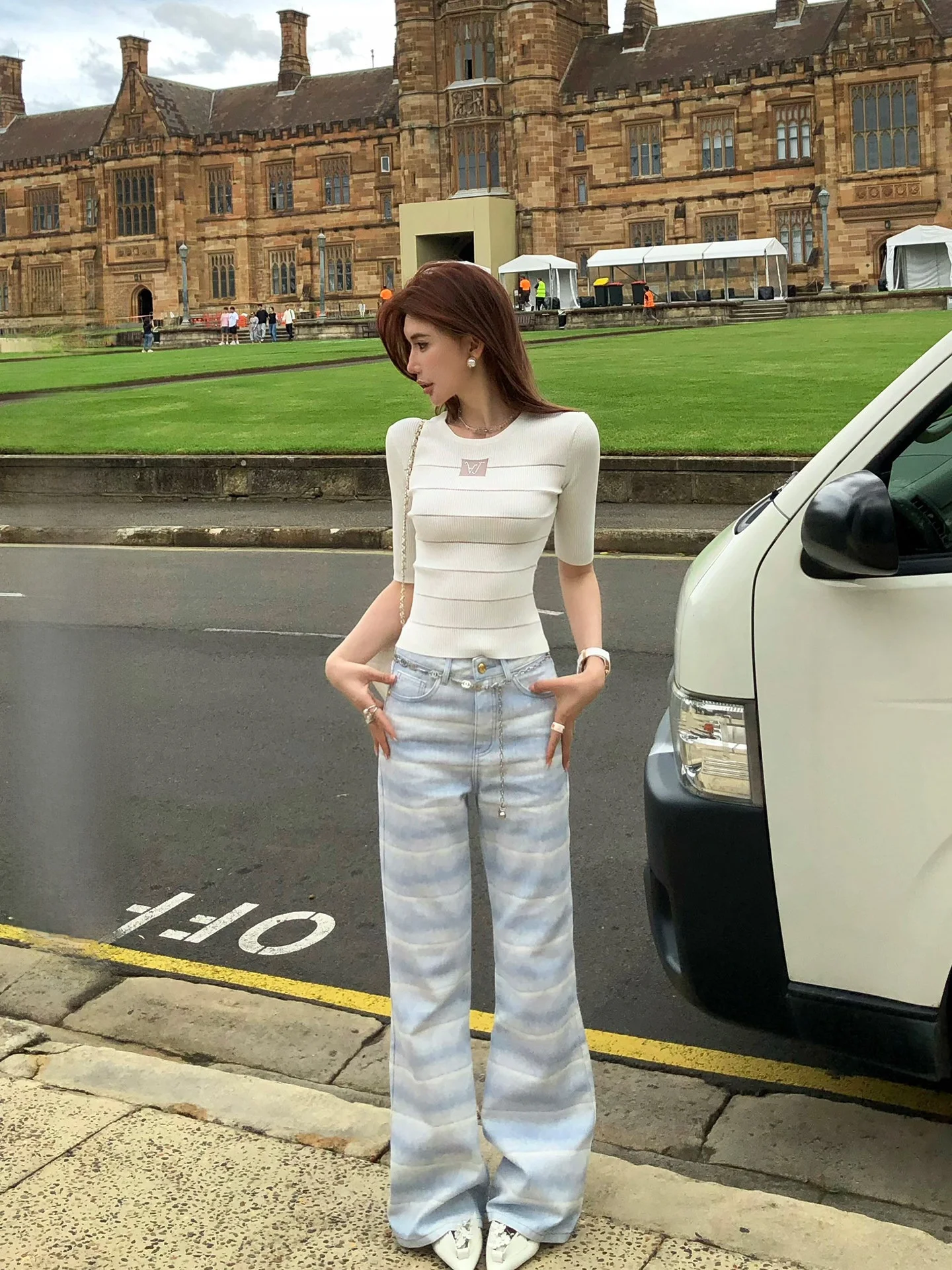 

Li Wan Jun adient Stripe Pure Cotton Denim Pants High Waist Slightly Stretchy Cruise Vaion Korean Design Sensation Long ...