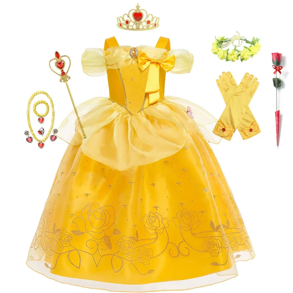 

Belle Costume for Girl Dress Princess Photography Clothing Fancy Tulle Dresses Baby Chrismtas Party Dresses Birthday Magic Stick