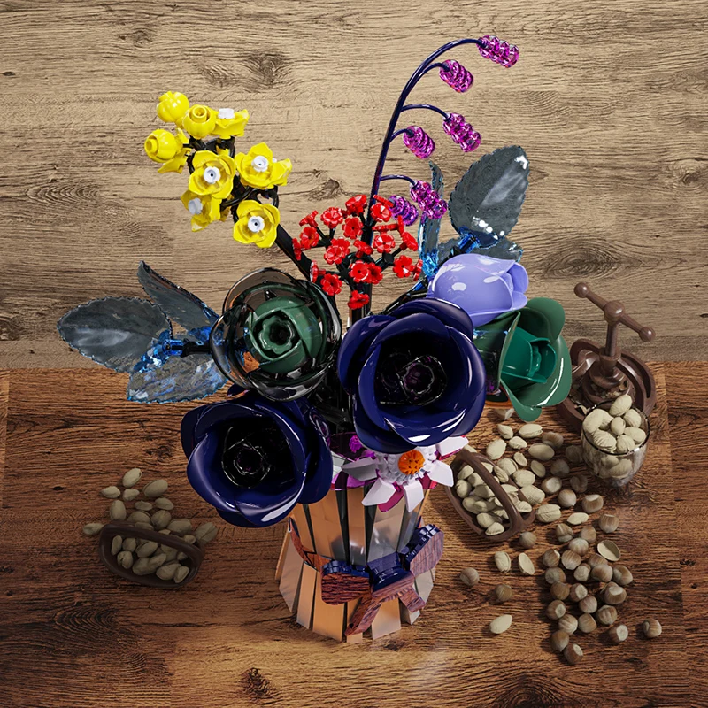 Bouquet de fleurs en briques de construction MJ BLOCK, décoration de maison, modèle créatif, jouet de construction en briques, cadeaux pour filles et adultes, 982 pièces