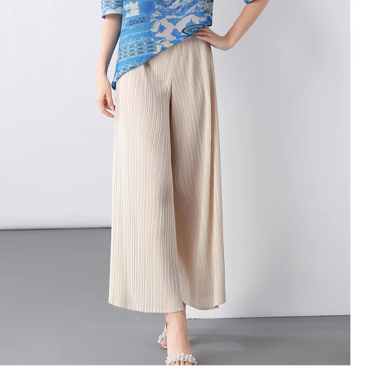 

Модные плиссированные брюки-палаццо из полиэстера на весну-лето, эластичные, свободного кроя, с высокой талией, прямые, в стиле юбка-брюки