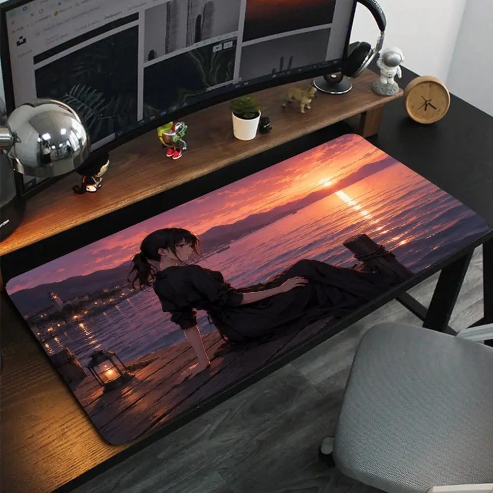 Aesthetic Black Dress Anime Girl Candle Lantern Ocean Dusk Art Wide Soft Rubber Extended Computer Gaming Mouse Table Mat