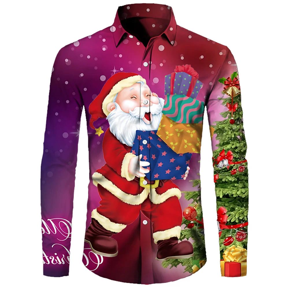 New 2024 Street Party Social Christmas Shirt 2024 men's Printed Shirt Plus Size Comfortable high-end Shirt Classic Santa Claus