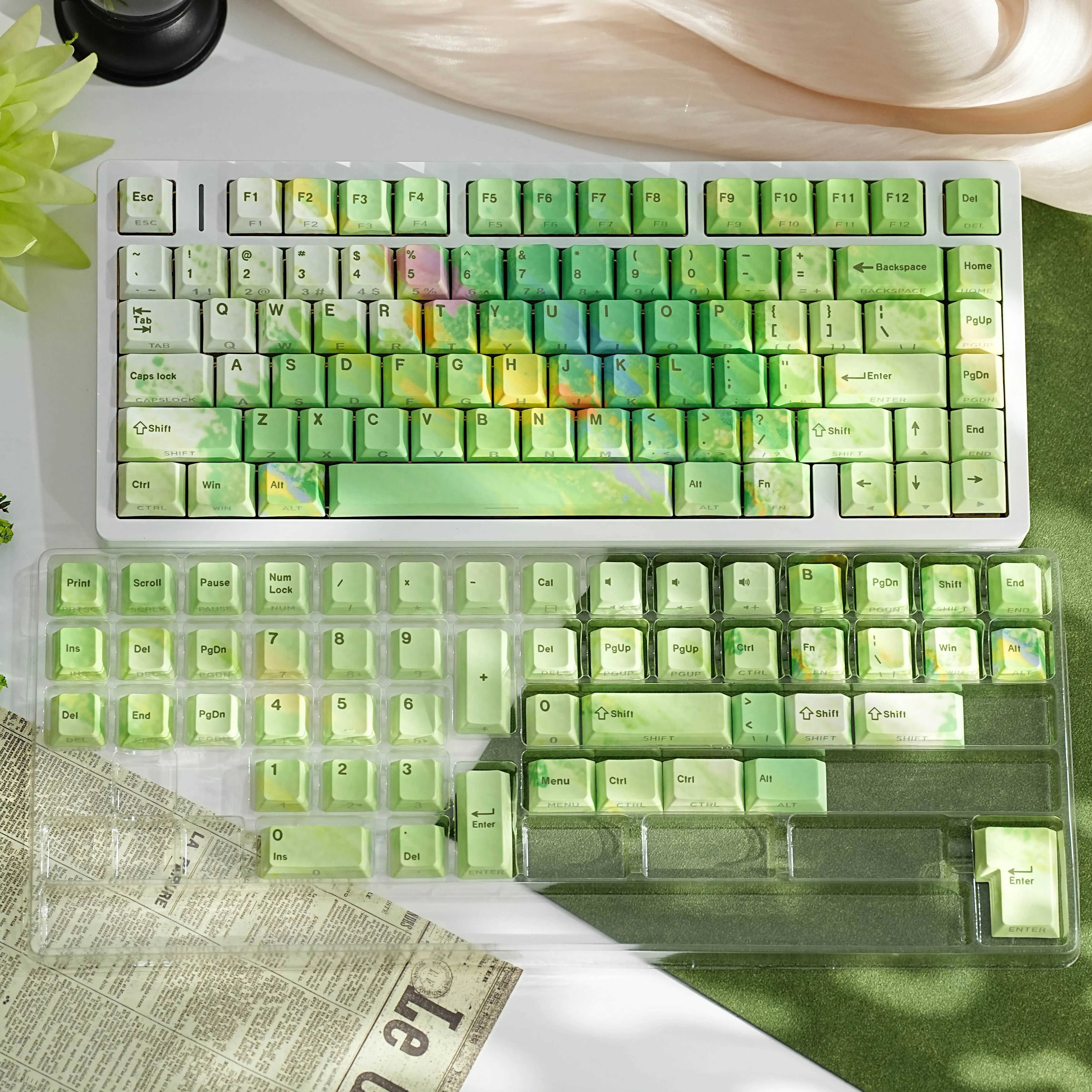 MAIMOOO Keycap Monet Garden White Green PBT Sublimation Cherry Side Engraved Translucent 130 Key Korean Japanese Keycaps