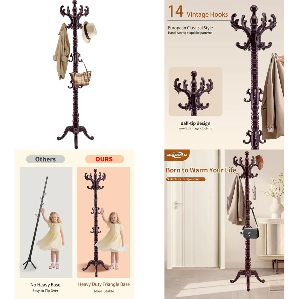

Vintage Style Heavy Duty Freestanding Solid Wood Coat Rack with 14 Hooks for Hanging Jackets and Coats
