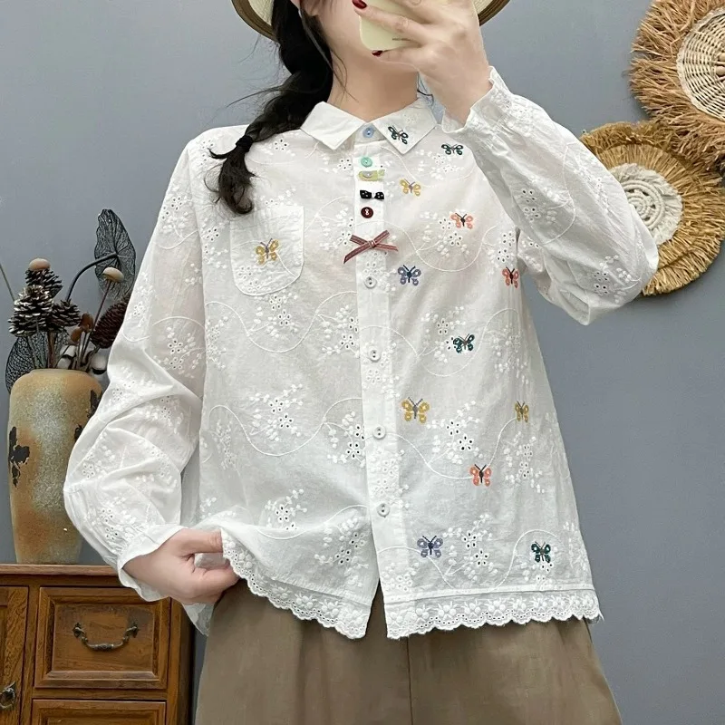 

Женская элегантная белая блузка с вышивкой и пышными рукавами, летняя сексуальная кружевная блузка с вырезами, повседневный топ с воротником-стойкой, винтажные рубашки 2026