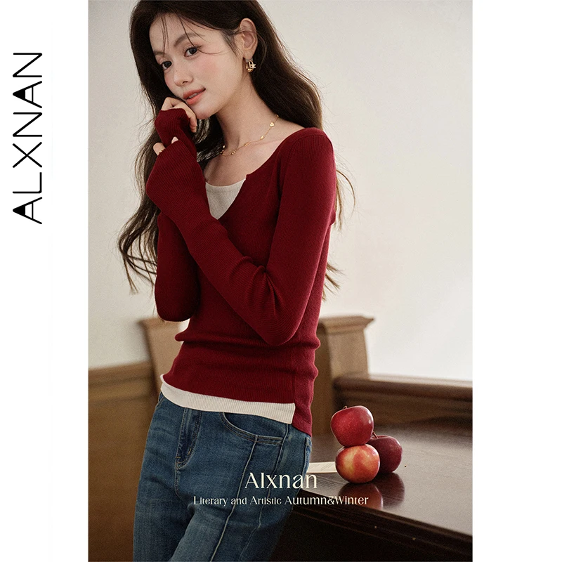ALXNAN-camisetas rojas para mujer, camisetas ajustadas de manga larga con cuello en V, camisetas elásticas con paneles de punto de Color, novedad de Otoño de 2025 para mujer L569103