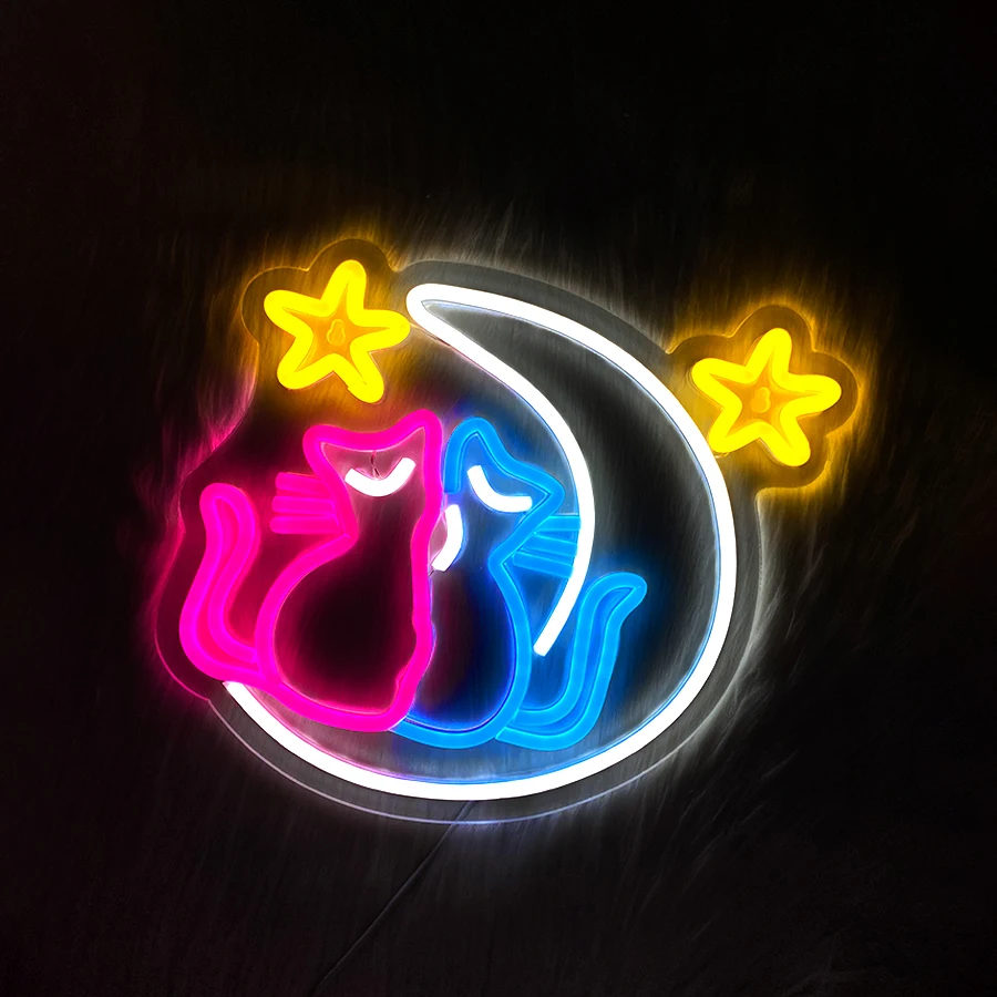 علامات نيون على شكل قطة القمر لديكور الحائط، لافتة إضاءة LED لديكور غرفة Preppy لافتة مضيئة لتزيين حفلات أعياد الميلاد المنزلية #6