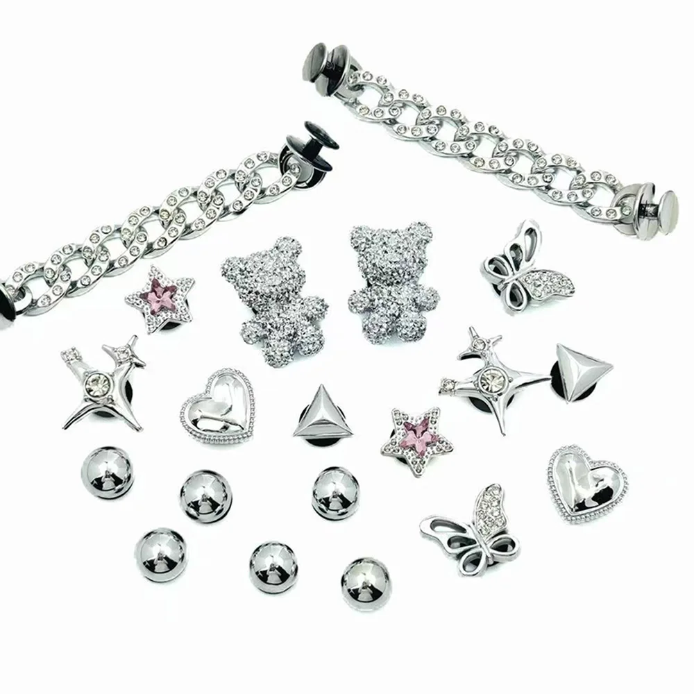 20PCS Summer Fashion Shoe Charms Set Accessories for Clogs Shoe Buckle Silver Bear Butterfly Diamond Chain DIY Shoes Decorations