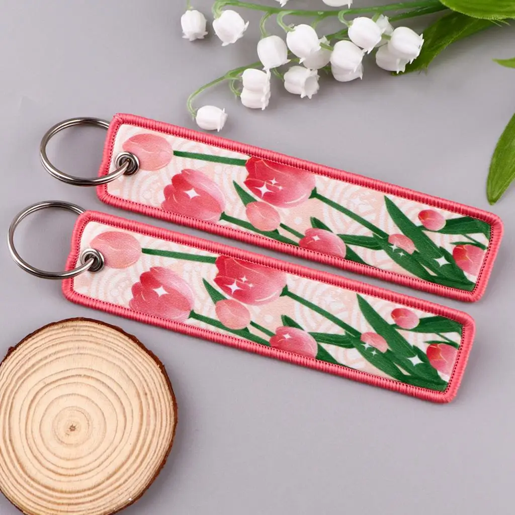 Pink Tulip Embroidered Cool Key Tag Keychains Women Cute Keychain for Car Motorcycles Keys Keyring Men Holder Jewelry Gifts 1PCS