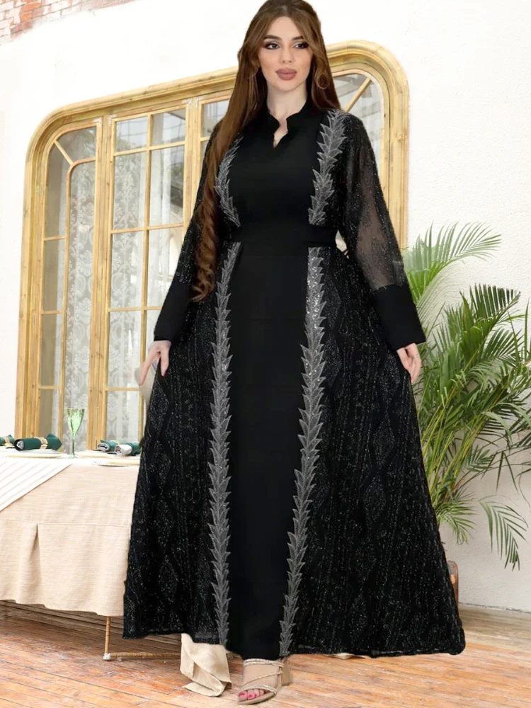 Dubai Arab Muslim Party Dress for Women Abaya Lace-up Embroidery Stand Collar Elegant Robe Longue Jalabiya Vestidos Mujer 2023
