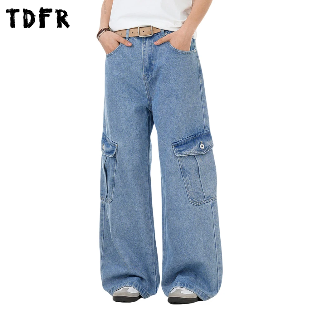 

Multi-Pocket Retro Cargo Jeans Mens Washed Distressed Streetwear Loose Straight Wide Leg Denim Pants Men