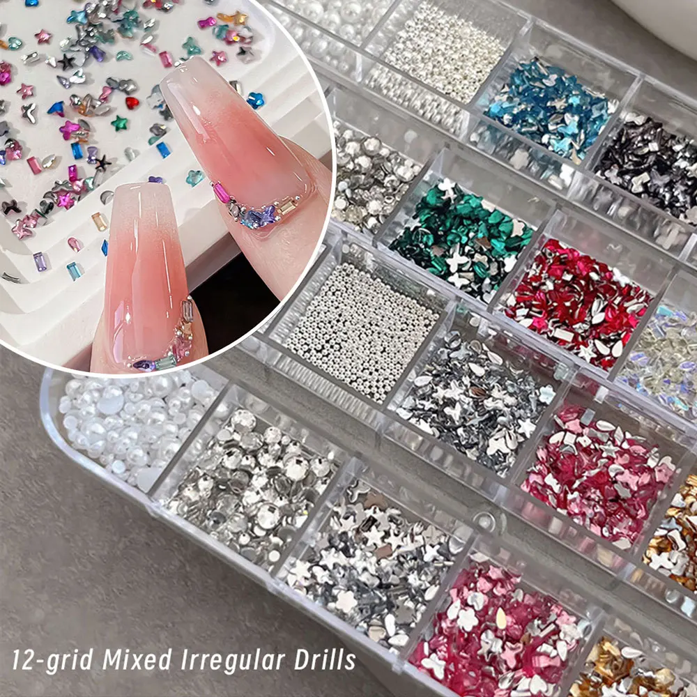 12Grids Multi Color Irregular Nail Rhinestones White Pearl Micro Caviar Beads Flatback Crystal Nail Charms DIY Nail Art Crafts