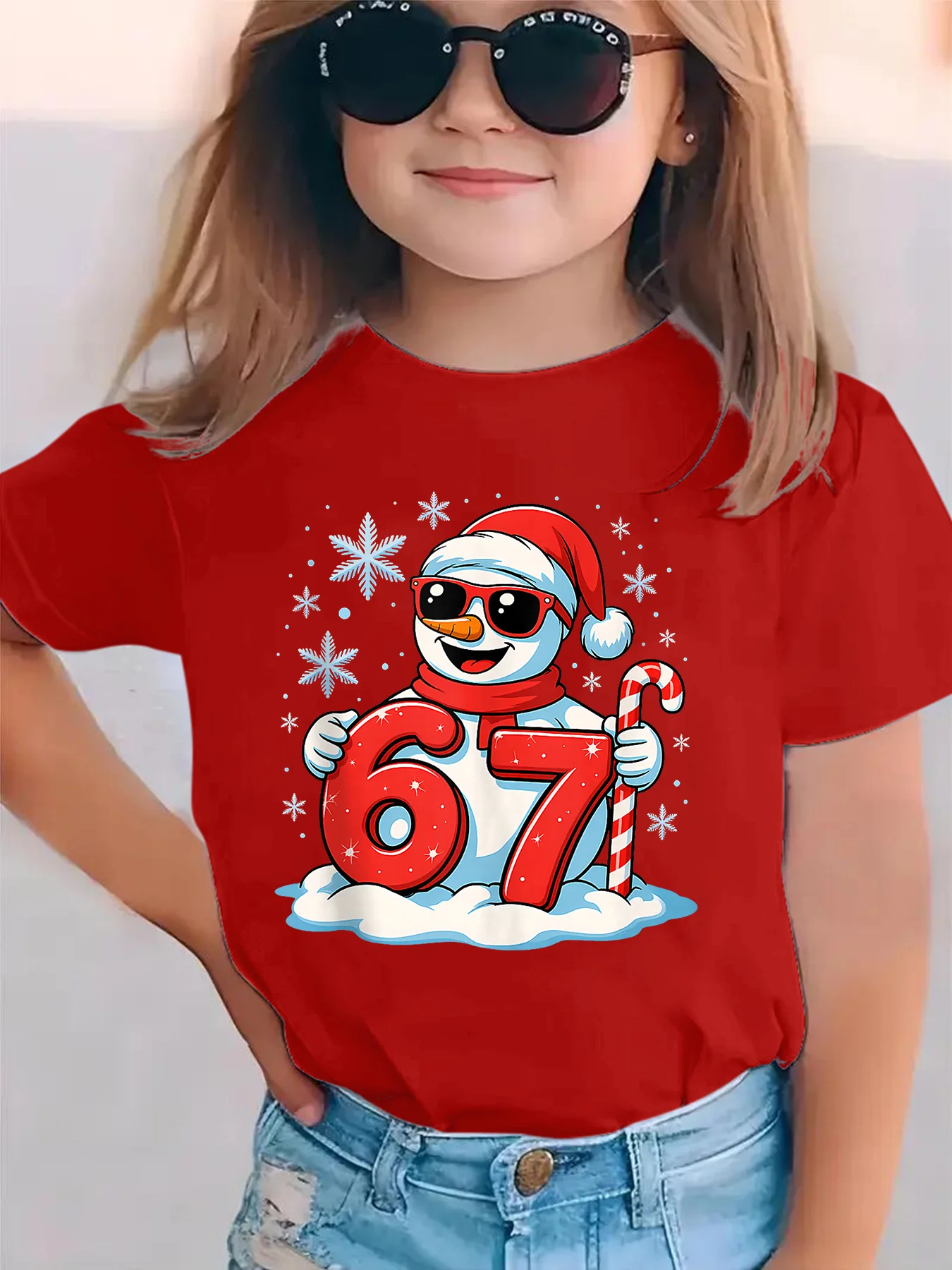 Kids Cool Snowman 67 Candy Cane Graphic Tee Boys Girls Family Matching Short Sleeve Xmas Holiday Cartoon Casual Wear T Shirt
